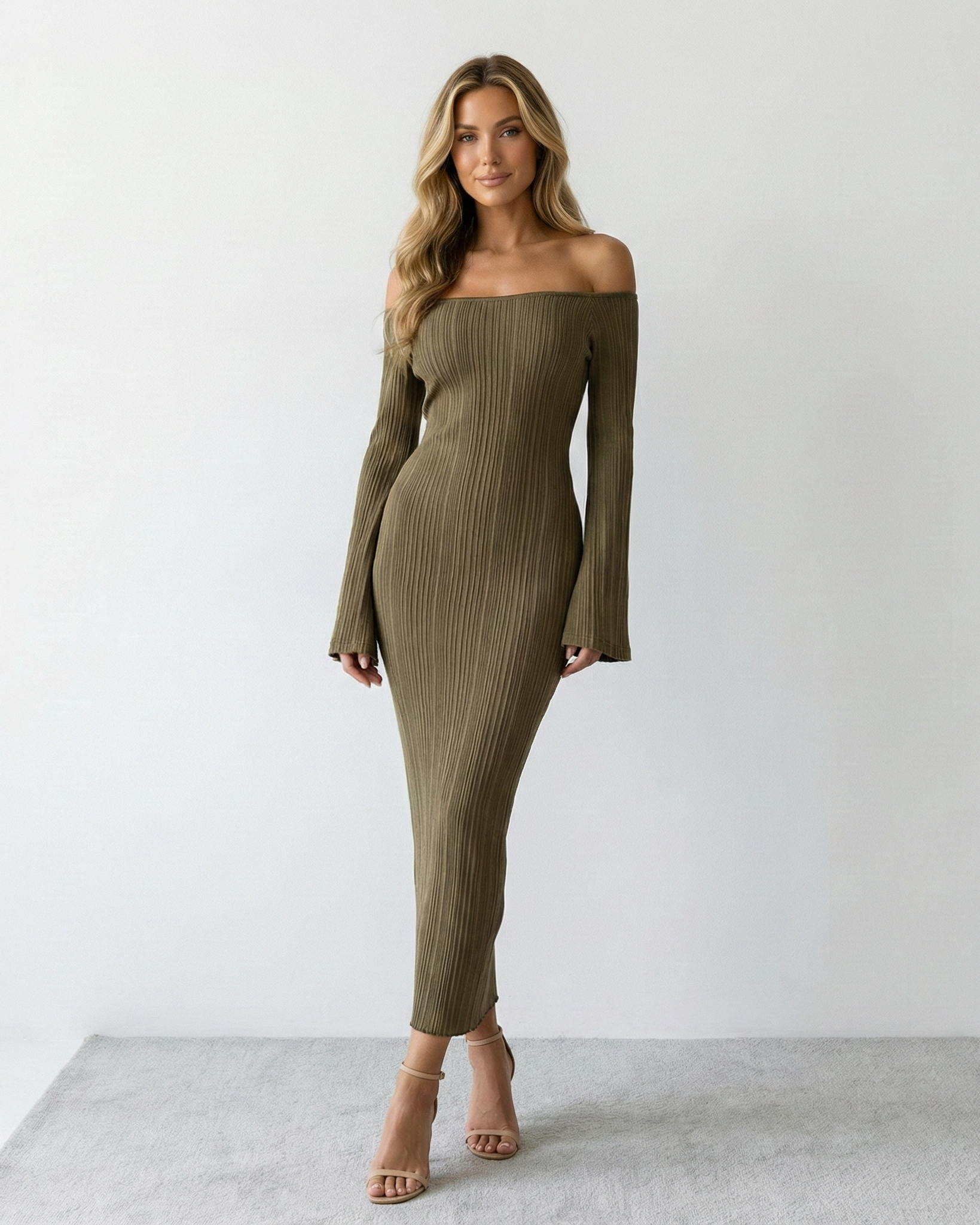 off shoulder khaki dress Reiss Off The Shoulder Belted Midi Dress in Khaki