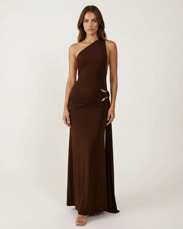 Althea One-Shoulder Maxi Dress Brown Millie Blue