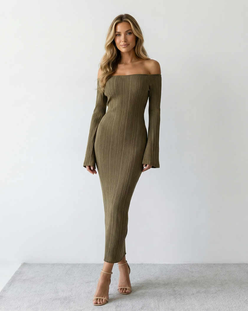 ARIA OFF-SHOULDER BODYCON DRESS Khaki Millie Blue