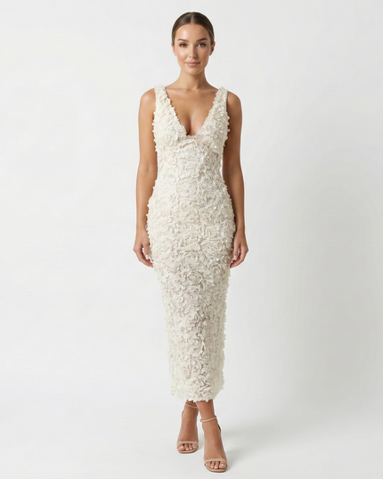 Celeste V-Neck Midi Dress White Millie Blue