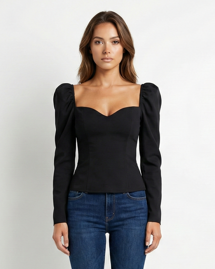 Eleanor Puff Knit Top Black Millie Blue