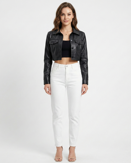 Kaia Cropped Leather Jacket Black Millie Blue