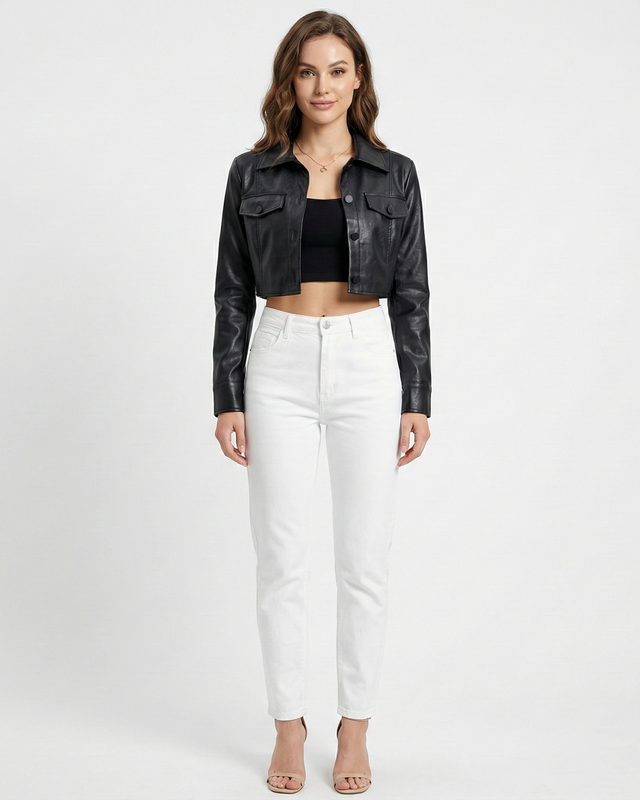 Kaia Cropped Leather Jacket Black Millie Blue