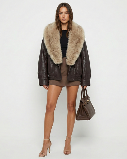 Milan Fur Leather Jacket Brown Millie Blue