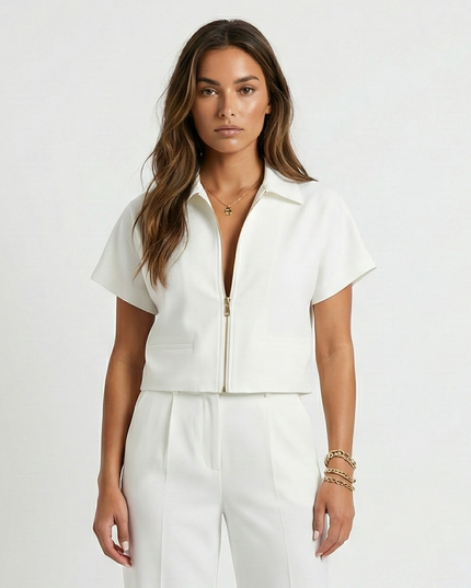 Reina Cropped Zipped Top White Millie Blue