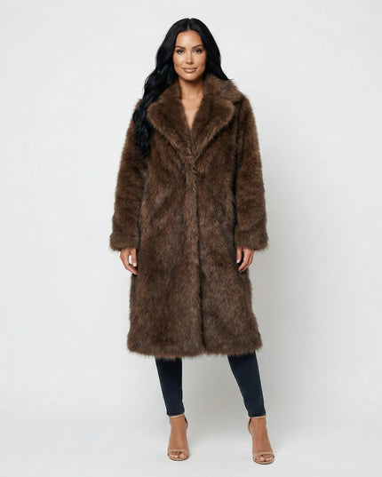 Sienna Long Faux Fur Coat Brown Millie Blue