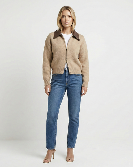 Simone Zip Through Cardigan Beige Millie Blue