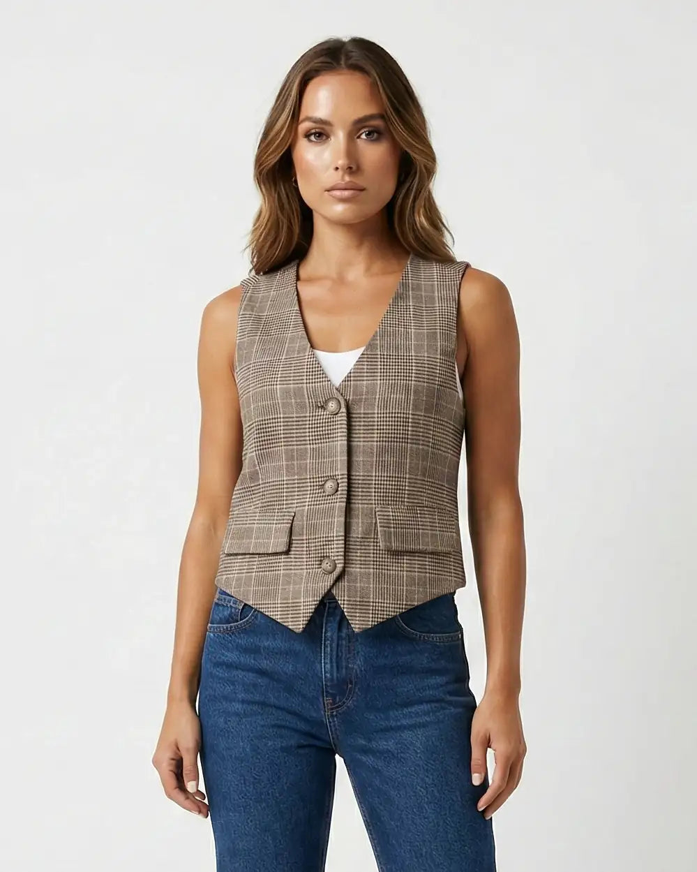 WILLOW PLAID VEST Beige Millie Blue