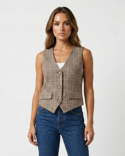 Willow Plaid Vest Beige Millie Blue