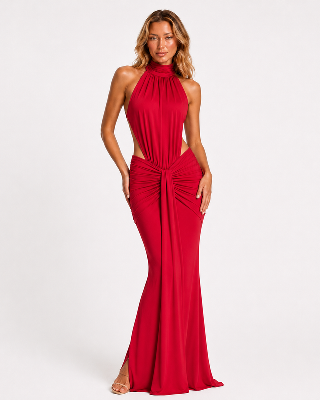 ARIA HIGH-NECK MAXI DRESS Red Millie Blue