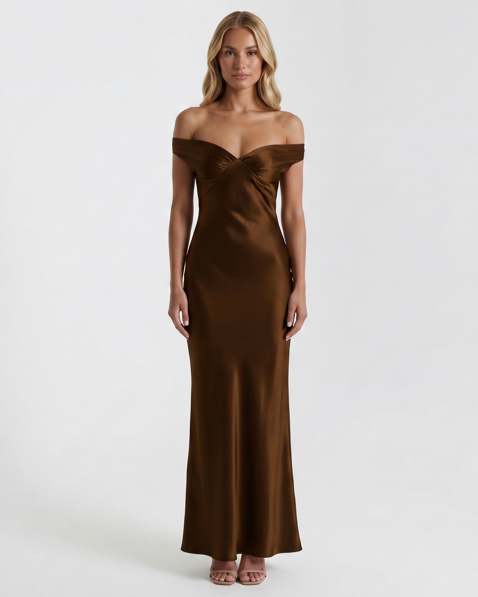 orissa satin off shoulder dress Evening Dress – Elegant Maxi Fit Formal Look Brown / M