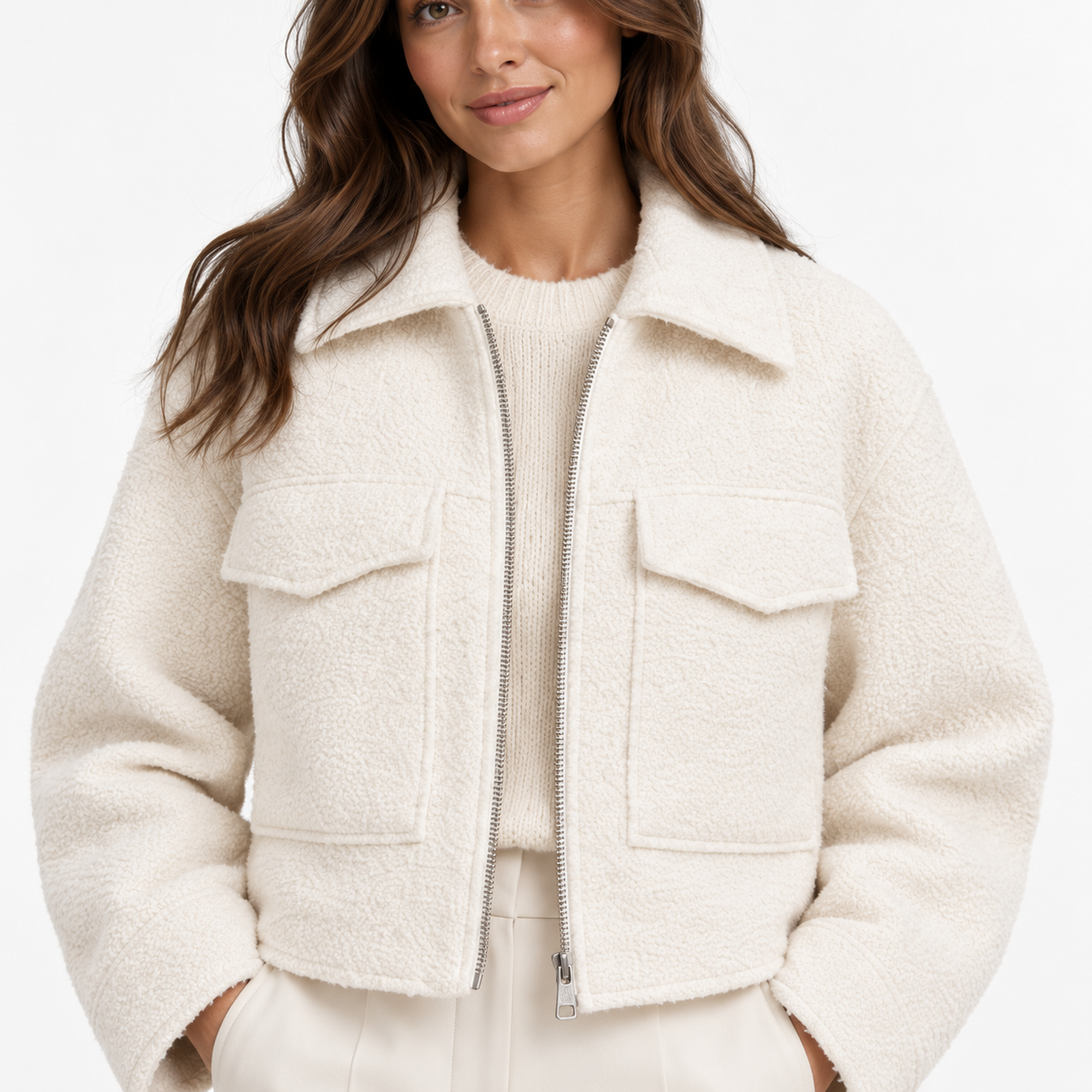 BOUCLE ZIP-UP COLLARED JACKET - Millie Blue
