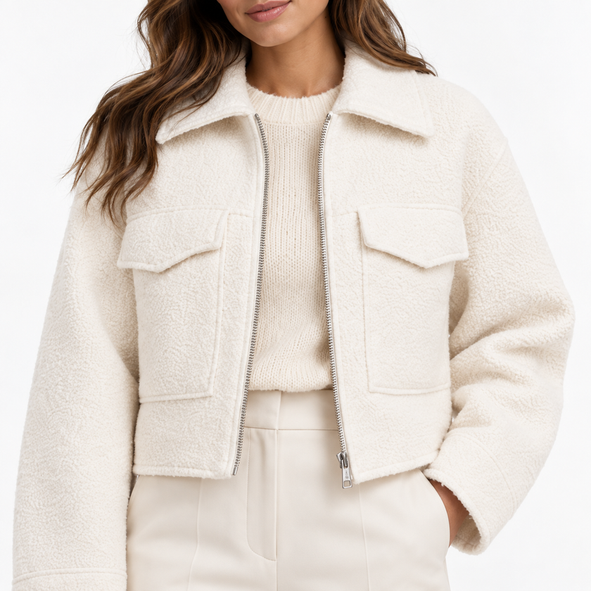 BOUCLE ZIP-UP COLLARED JACKET - Millie Blue