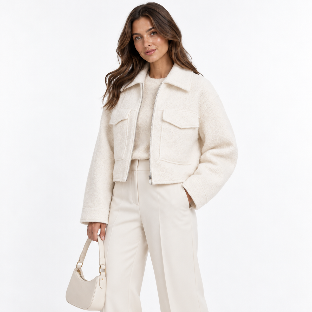 BOUCLE ZIP-UP COLLARED JACKET - Millie Blue