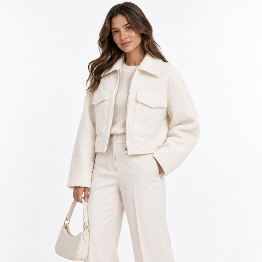 BOUCLE ZIP-UP COLLARED JACKET - Millie Blue