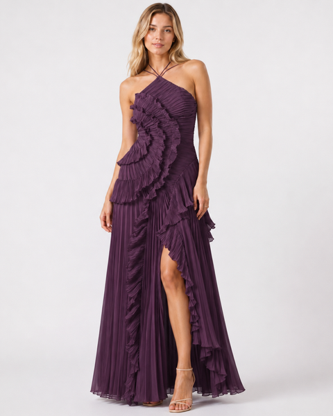 LILY PLEATED HALTER GOWN - Millie Blue
