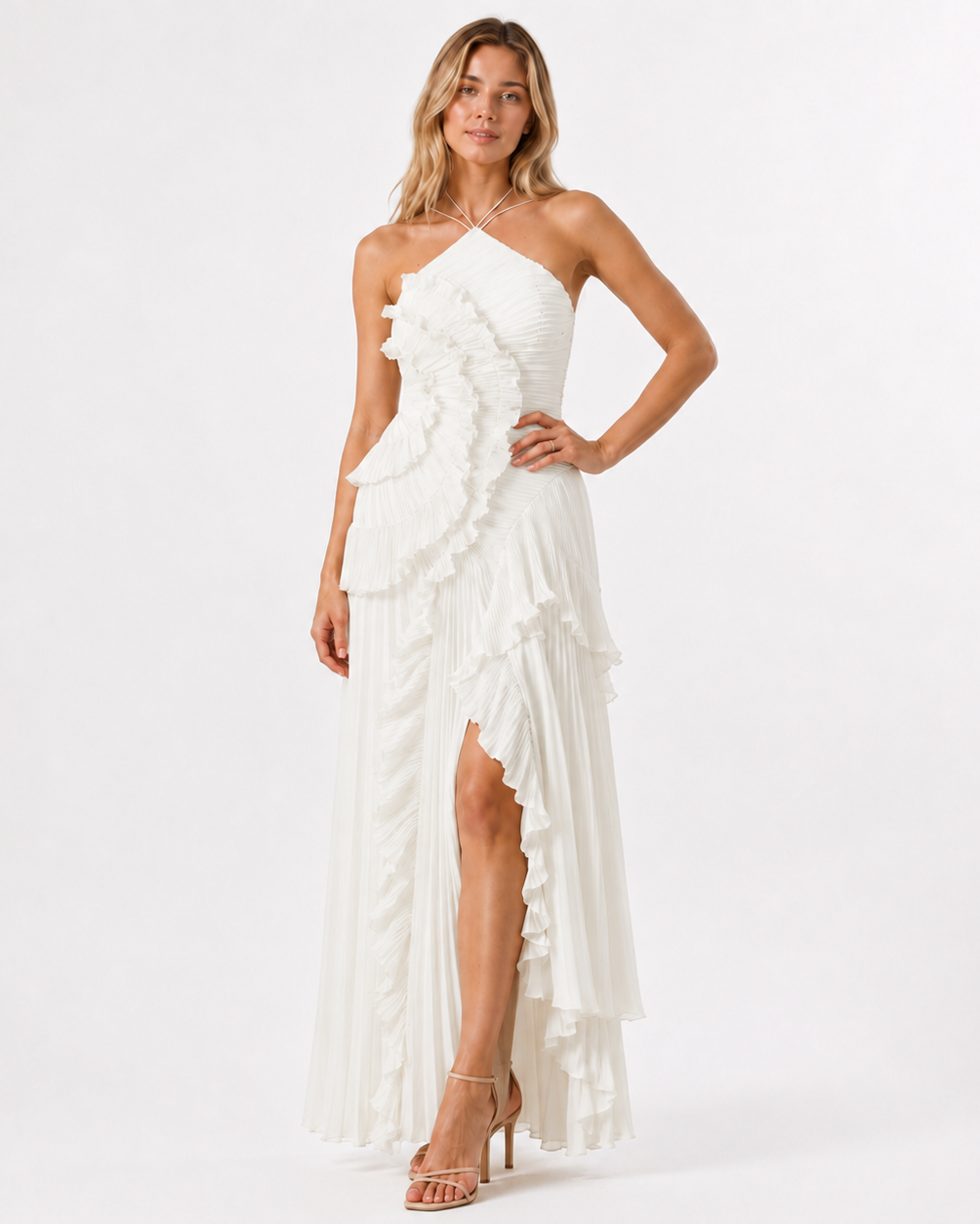 LILY PLEATED HALTER GOWN Millie Blue
