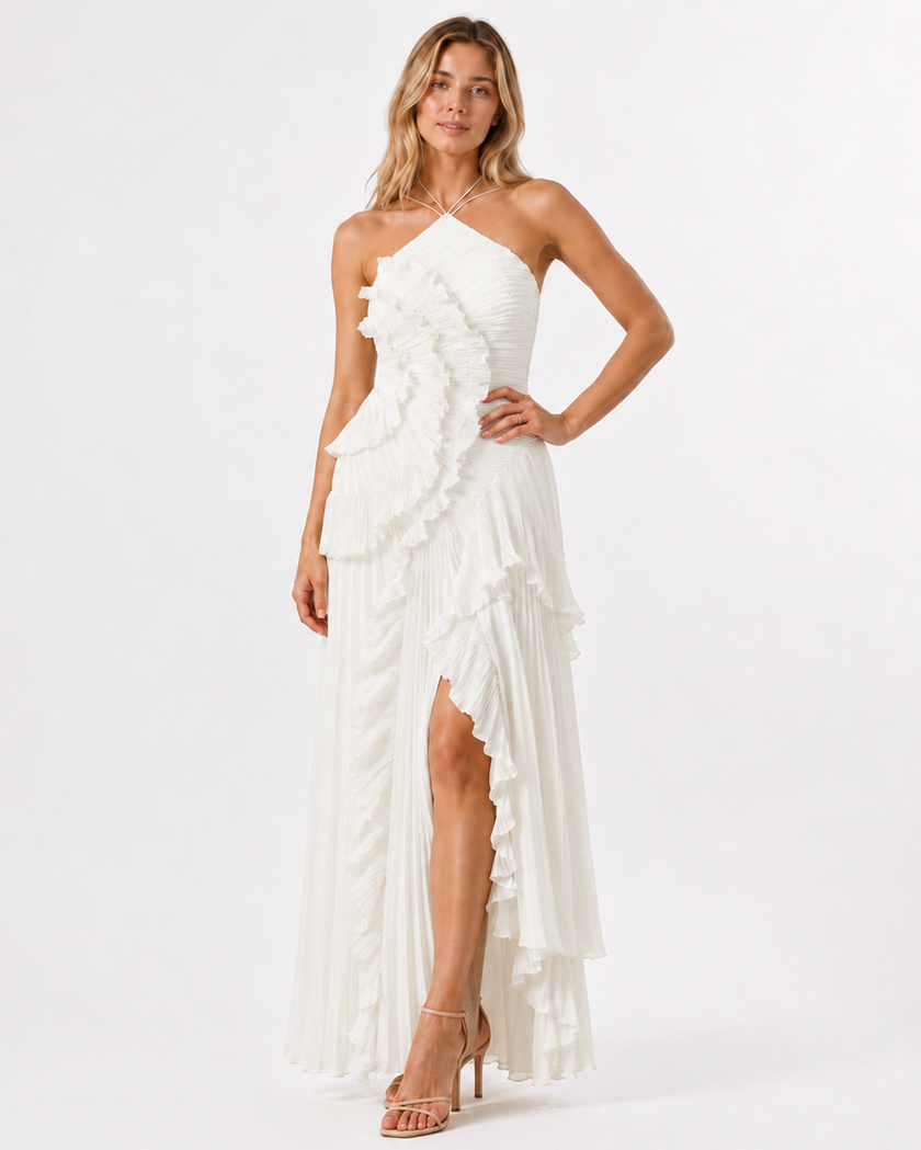 LILY PLEATED HALTER GOWN Millie Blue