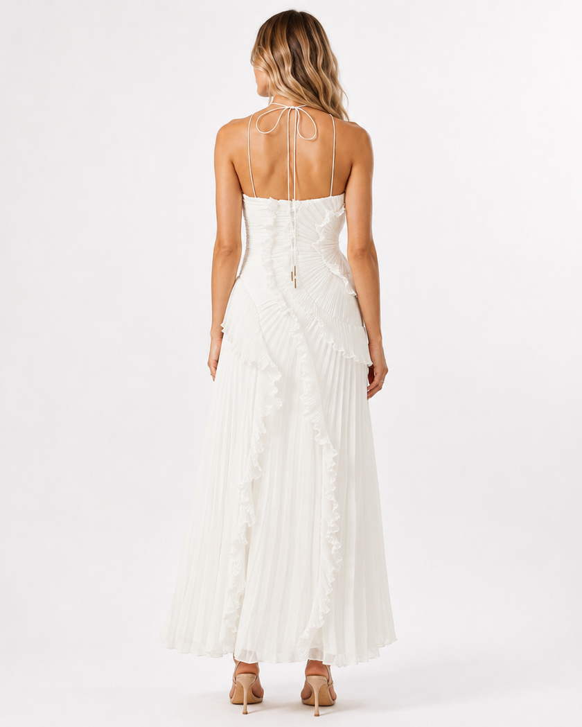 LILY PLEATED HALTER GOWN Millie Blue