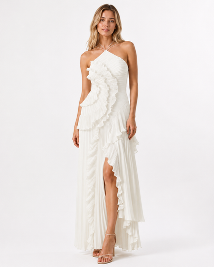 LILY PLEATED HALTER GOWN White Millie Blue