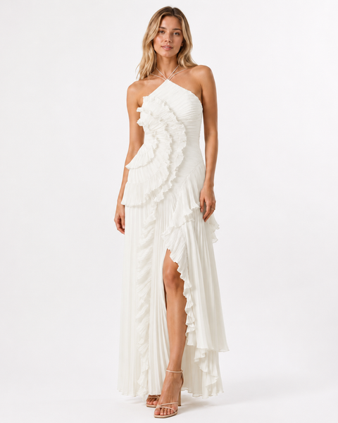 LILY PLEATED HALTER GOWN White Millie Blue