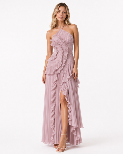 LILY PLEATED HALTER GOWN Pink Millie Blue