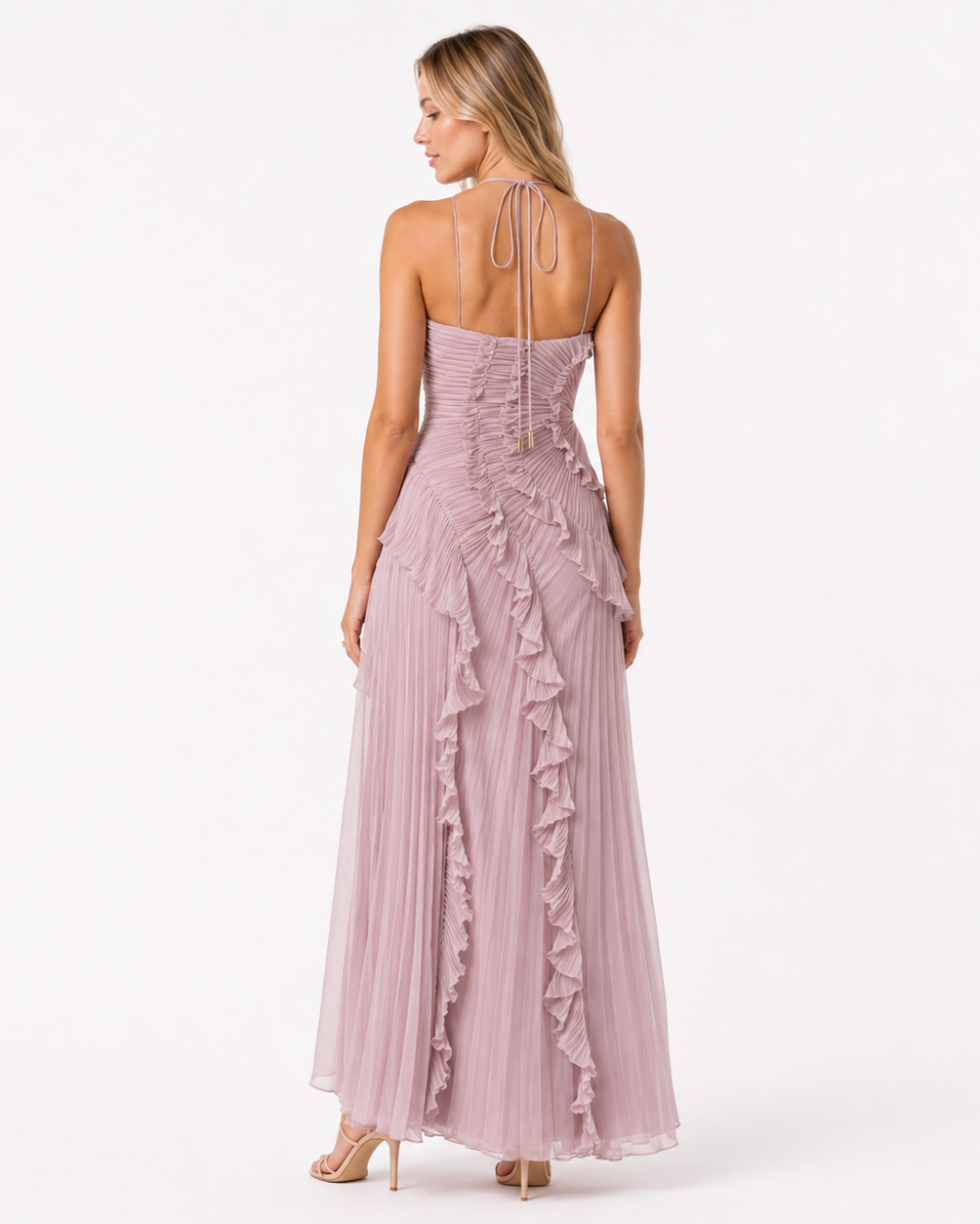 LILY PLEATED HALTER GOWN Millie Blue