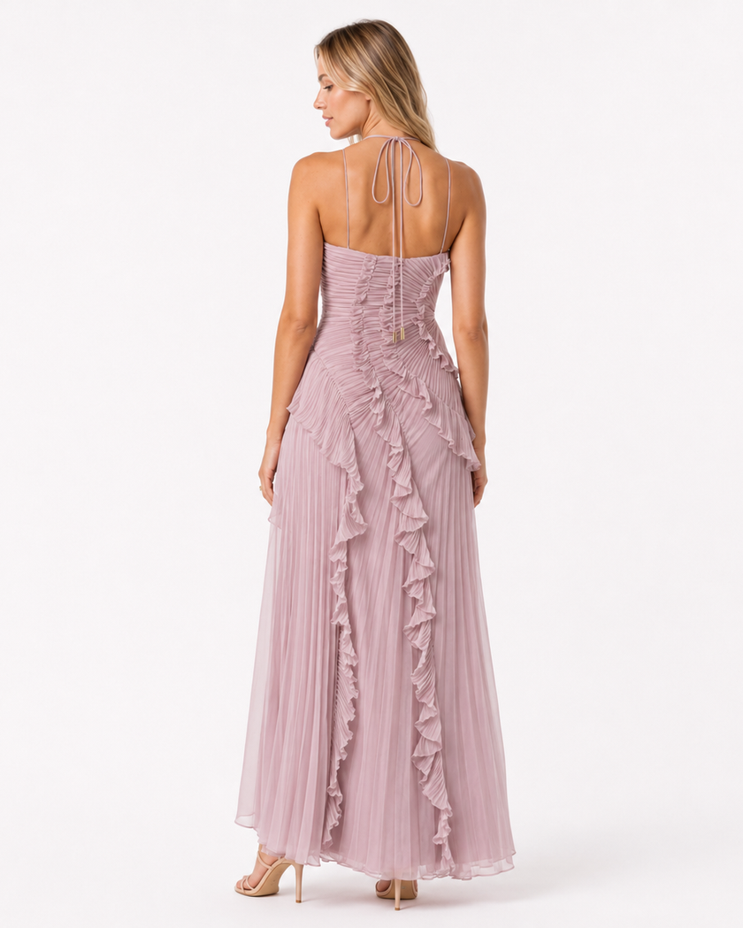 LILY PLEATED HALTER GOWN Millie Blue