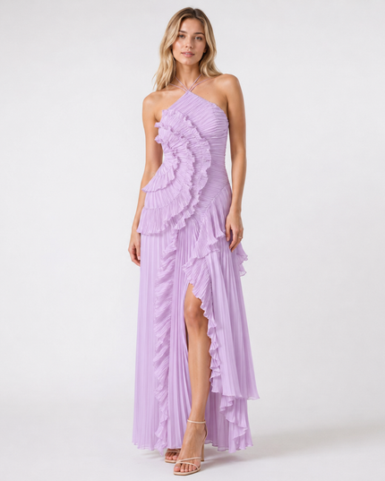 LILY PLEATED HALTER GOWN Rose Purple Millie Blue