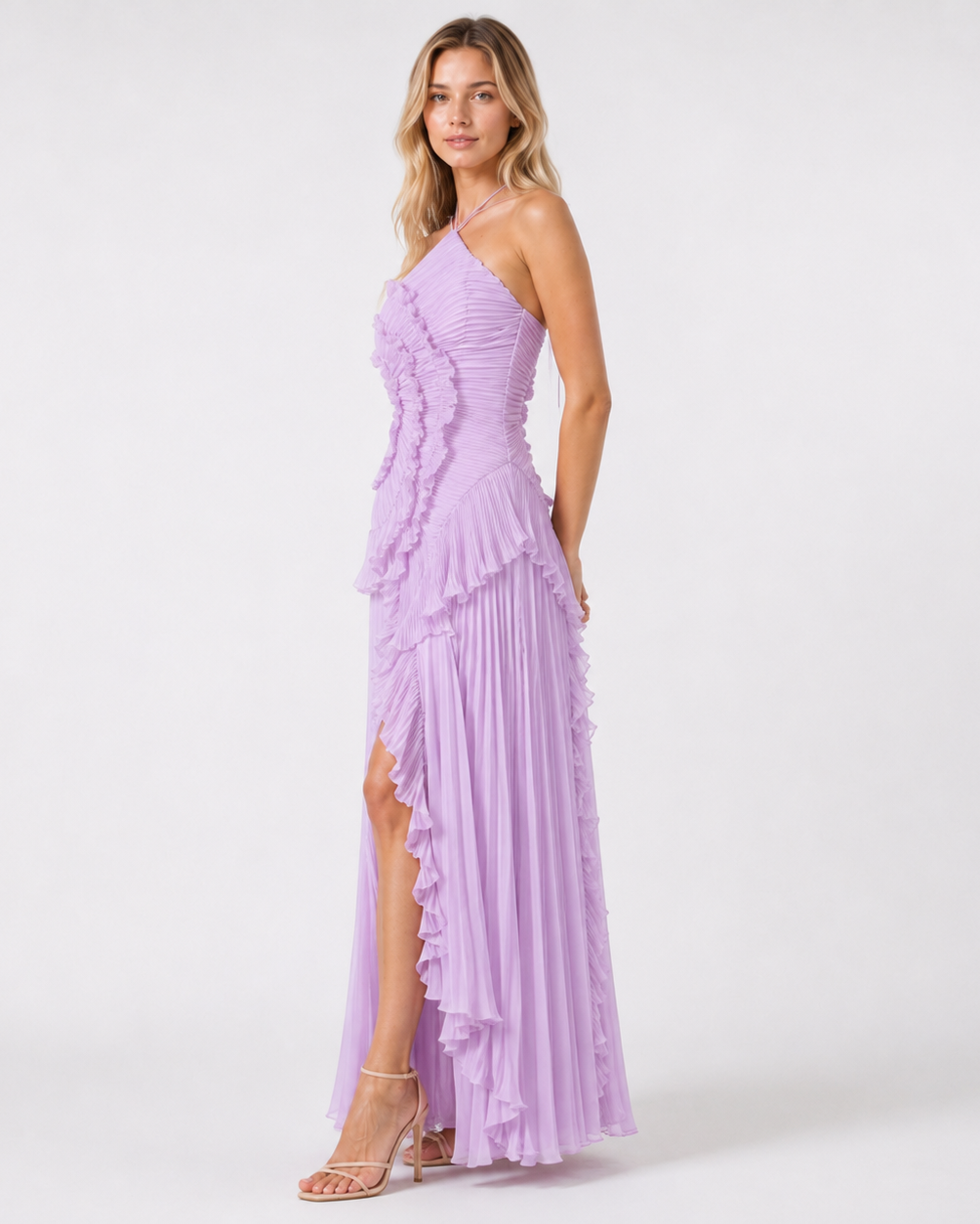 LILY PLEATED HALTER GOWN Millie Blue