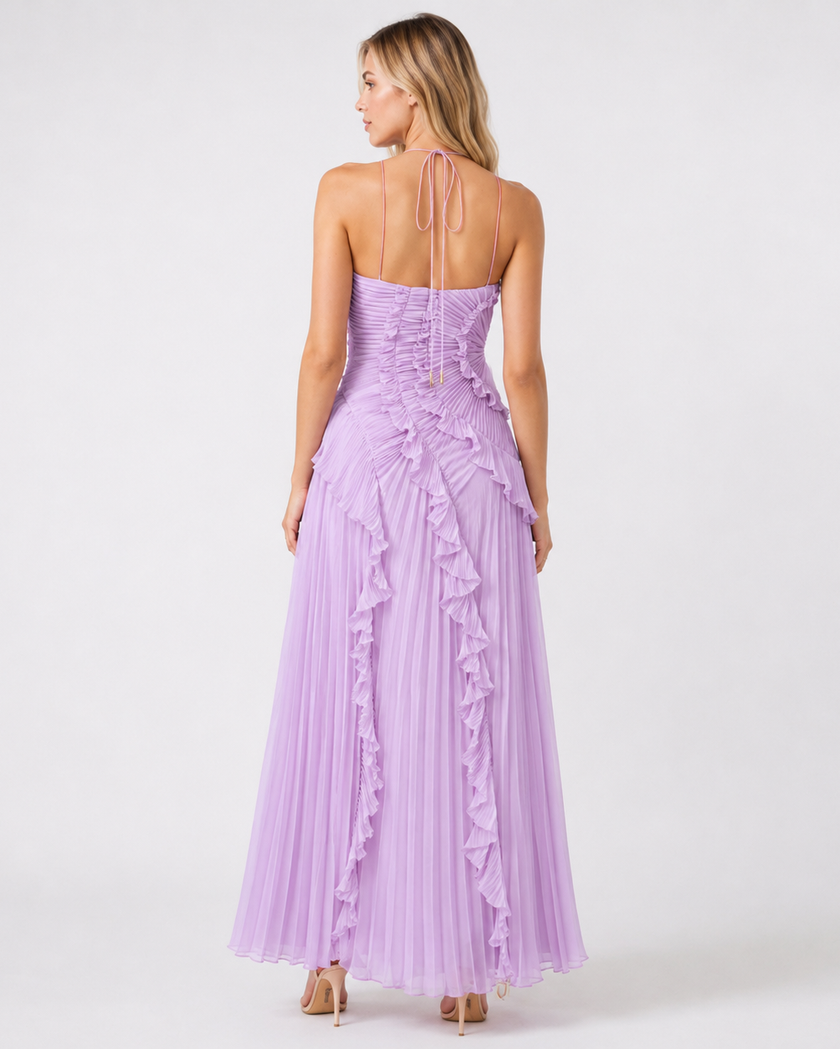 LILY PLEATED HALTER GOWN Millie Blue