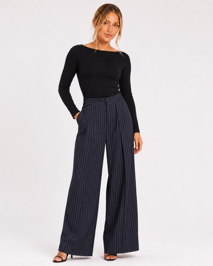 MAISON STRIPED PLEATED WIDE-LEG PANTS Navy Millie Blue