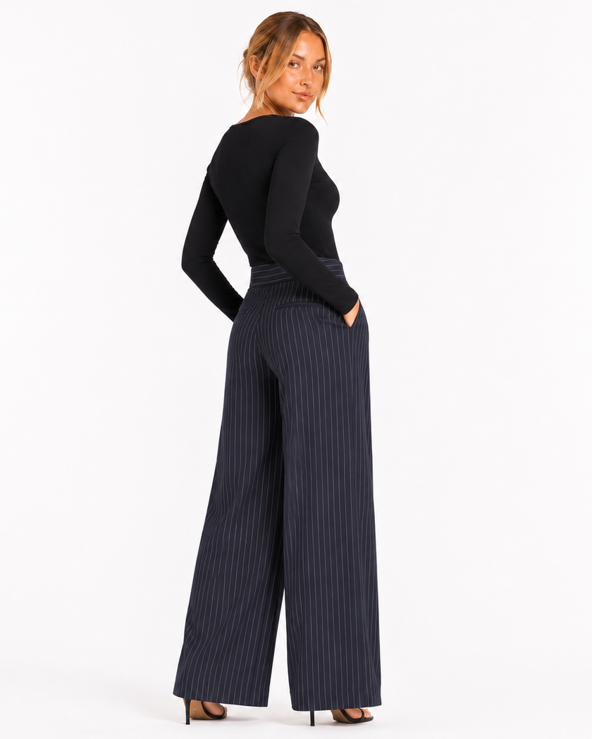 MAISON STRIPED PLEATED WIDE-LEG PANTS Millie Blue