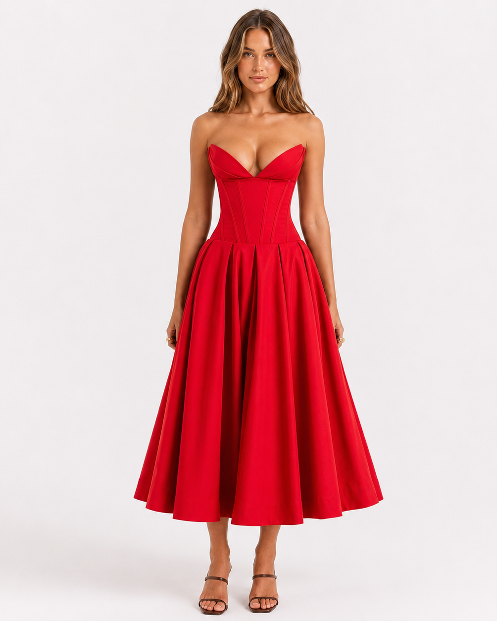 Red Strapless Corset Midi Dress Red / L