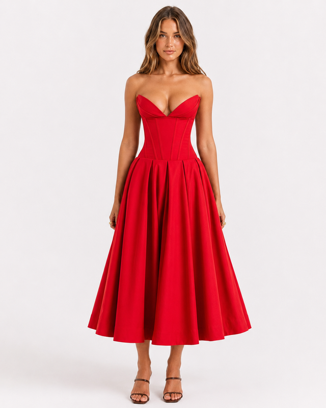 REENA CORSET MIDI DRESS Red Millie Blue
