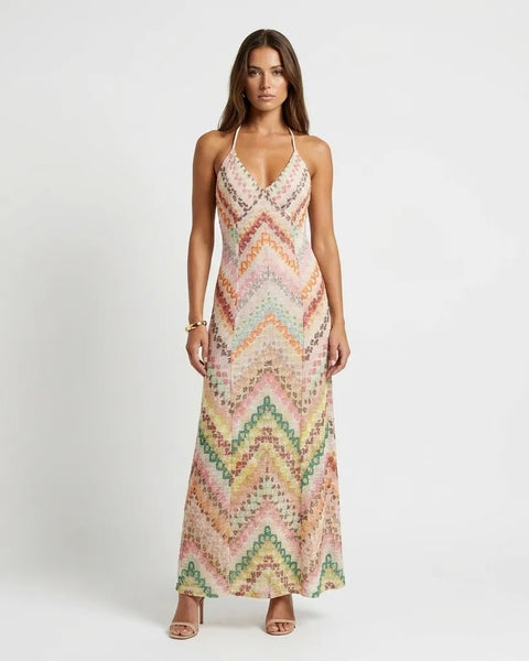 Ruena Colorful Striped Crochet Maxi Halter Dress 01 Beige / M Ruena Colorful Striped Crochet Maxi Halter Dress 01 Beige / M